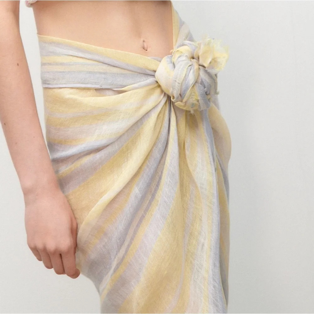NWT. Zara Yellow/Blue 100% Linen Striped Scarf.